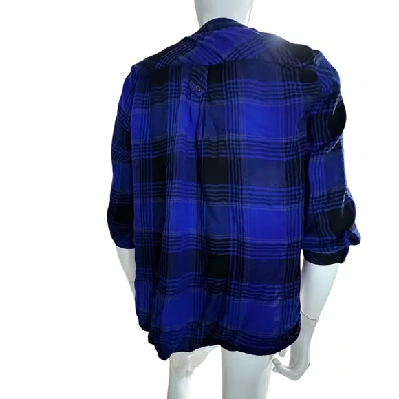 KC Khakis & Co Blue Black Plaid Button Down Shirt Rayon Roll Tab Sleeve Blouse - Picture 7 of 10